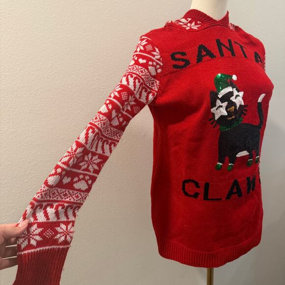 Santa Claws Cat Ugly Christmas Sweater Hoodie Red Sequin Holiday Knit Medium - Picture 5 of 10